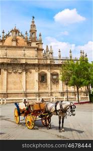 Seville cathedral facade horse carriage Sevilla Andalusia Spain
