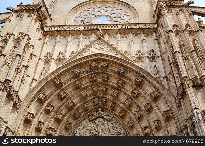 Seville cathedral facade in Constitucion avenue of Sevilla Andalusia Spain