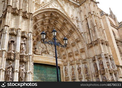 Seville cathedral facade in Constitucion avenue of Sevilla Andalusia Spain