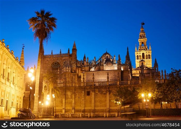 Seville cathedral sunset and Giralda in Sevilla Andalusia Spain