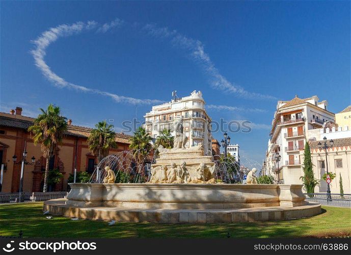 Seville. Fountain Hispolis.. Ancient medieval fountain Hispolis in the historical center of Seville. Spain.