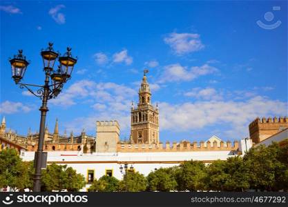 Seville Giralda tower of Sevilla from Alcazar Andalusia Spain