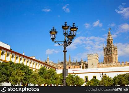 Seville Giralda tower of Sevilla from Alcazar Andalusia Spain
