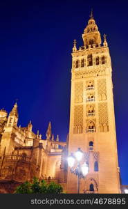 Seville Giralda tower sunset in Sevilla Andalusia Spain