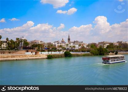Seville skyline and Algonso XIII channel river Andalusia Spain
