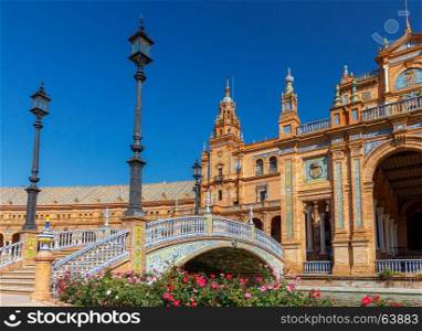 Seville. Spanish Square or Plaza de Espana.. Facades of buildings on the Spanish square or the Plaza de Espana. Andalusia.
