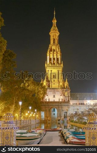 Seville. Spanish Square or Plaza de Espana.. Spanish Square in Sevilla at night. Spain. Andalusia