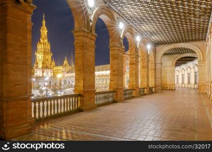 Seville. Spanish Square or Plaza de Espana.. Spanish Square in Sevilla at night. Spain. Andalusia