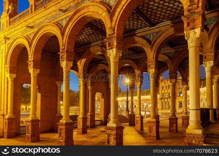 Seville. Spanish Square.. Spanish Square in Sevilla at night. Spain. Andalusia