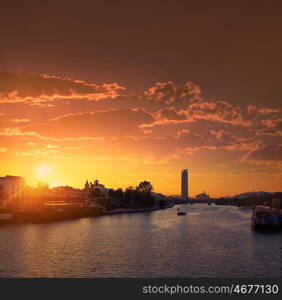 Seville sunset skyline torre del Oro in Sevilla Andalusia Spain