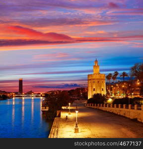 Seville sunset skyline torre del Oro in Sevilla Andalusia Spain