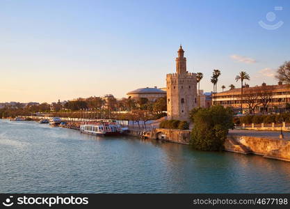 Seville sunset skyline torre del Oro in Sevilla Andalusia Spain