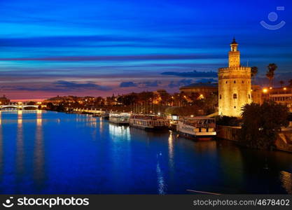 Seville sunset skyline torre del Oro in Sevilla Andalusia Spain