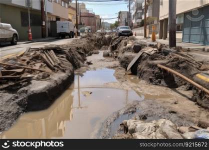 sewer breakthrough, with rush of wastewater and debris spilling out onto the street, created with generative ai. sewer breakthrough, with rush of wastewater and debris spilling out onto the street