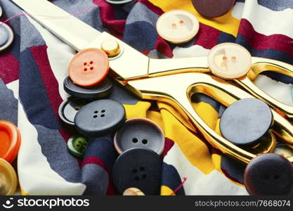 Sewing kit of threads,buttons and fabric.Accessories for sewing and needlework. Tools for sewing