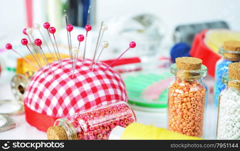 Sewing kit on white background