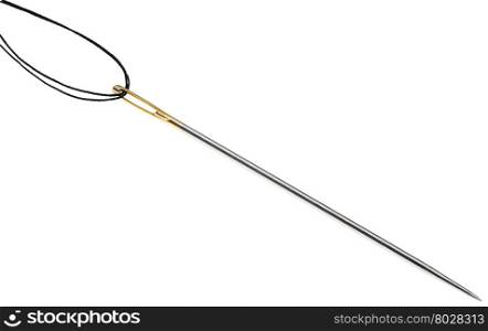 sewing needle with black thread threaded through the golden needle&rsquo;s eye isolated on white background