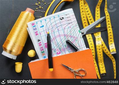 sewing tools thread with scissors and measuring tape on dark