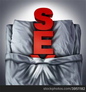 Sex in bed symbol as red three dimensional text resting on a mattress as a sexual metaphor for intercourse issues and sexuality or intercourse relationship.
