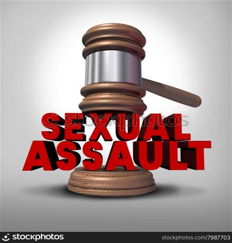 Sexual assault concept and rape crime symbol as a legal court judge mallet hitting a three dimensional text as an icon of sex violence harassment and criminal physical contact.