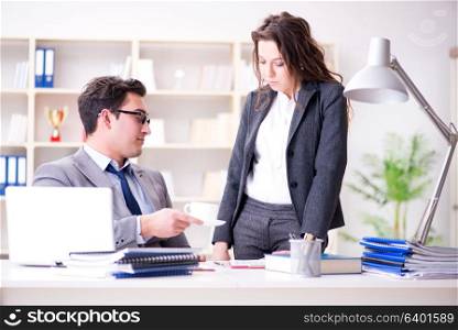 Sexual harassment concept with man and woman in office
