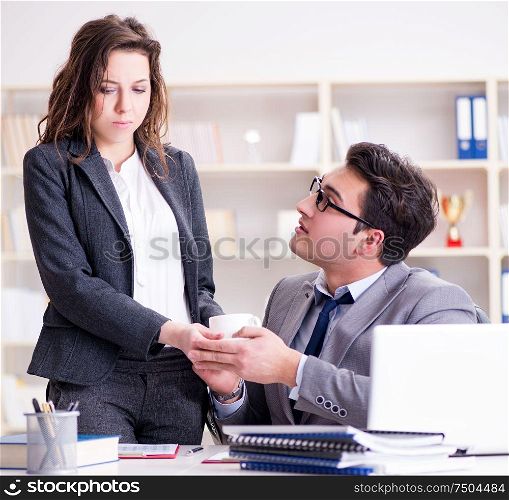 Sexual harassment concept with man and woman in office. The sexual harassment concept with man and woman in office