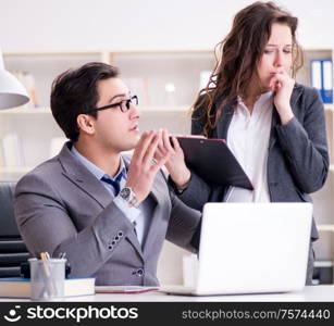 Sexual harassment concept with man and woman in office. The sexual harassment concept with man and woman in office