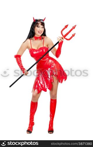 Sexual Young Woman Standing in a Costume of Red Female Devil with a Trident. Halloween series