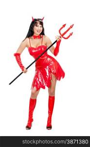 Sexual Young Woman Standing in a Costume of Red Female Devil with a Trident. Halloween series