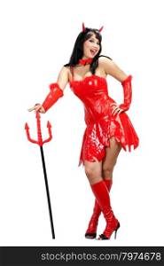 Sexual Young Woman Standing in a Costume of Red Female Devil with a Trident. Halloween series.