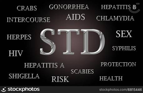 Sexually Transmitted Disease word cloud written in luxurious chrome letters