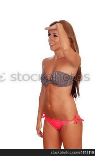 Sexy and beautiful woman with bikini looking at side isolated on white background