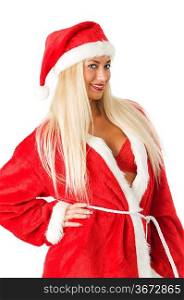 sexy and cute blond girl with in santa claus dress showing bra