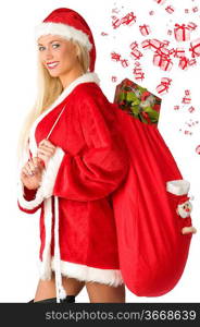 sexy and cute woman in santa claus dress with gift bag