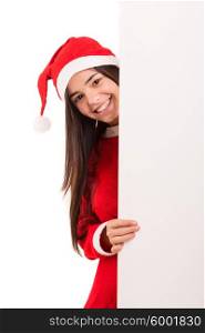 Sexy asian woman dressed as Santa Claus, presenting your product on a white board