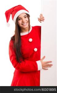 Sexy asian woman dressed as Santa Claus, presenting your product on a white board