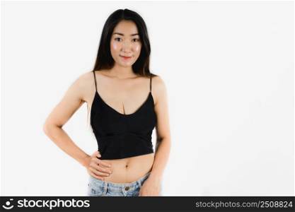 Sexy Asian woman in a black dress On white background