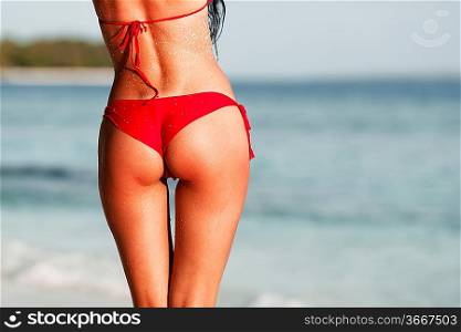 Sexy back of a beautiful woman in red bikini on sea background
