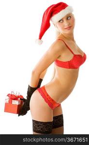 sexy blond in red lingerie with hat and christmas present and black gloves