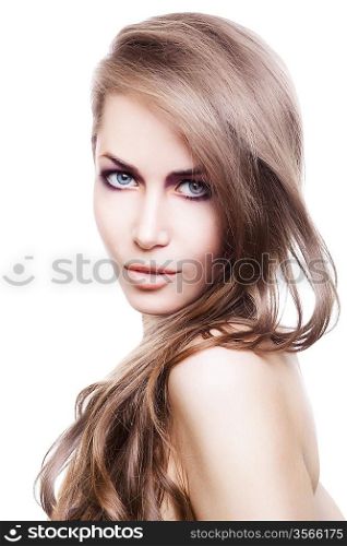sexy blond woman with long hair on white background