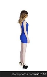 Sexy blond young woman in blue dress isolated on white