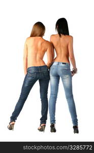 sexy brunette and blonde in jeans isolated on white background