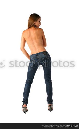 sexy brunette and blonde in jeans isolated on white background