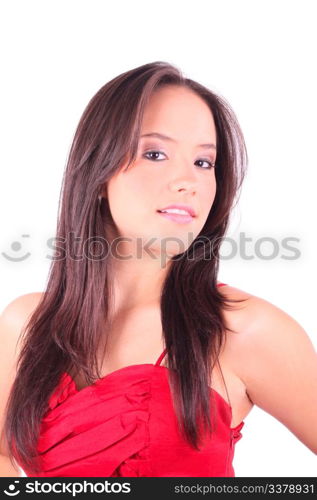 Sexy brunette girl in red dress in red