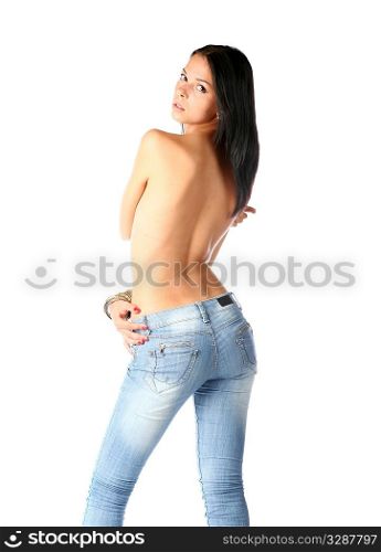 sexy brunette in jeans isolated on white background