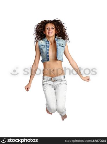sexy brunette in jeans wear jumping isolated on white background