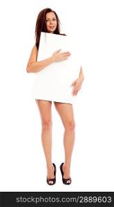 Sexy brunette with placard. Isolated over white.