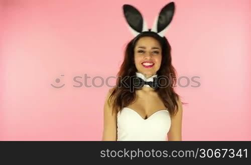 sexy bunny holding colorfull bags , easter themed