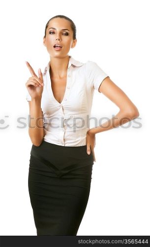 sexy businesswoman with finger up on white background