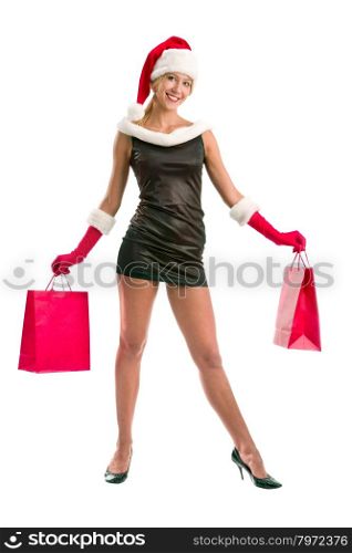 Sexy Christmas girl with red shopping bags. Red, white and black